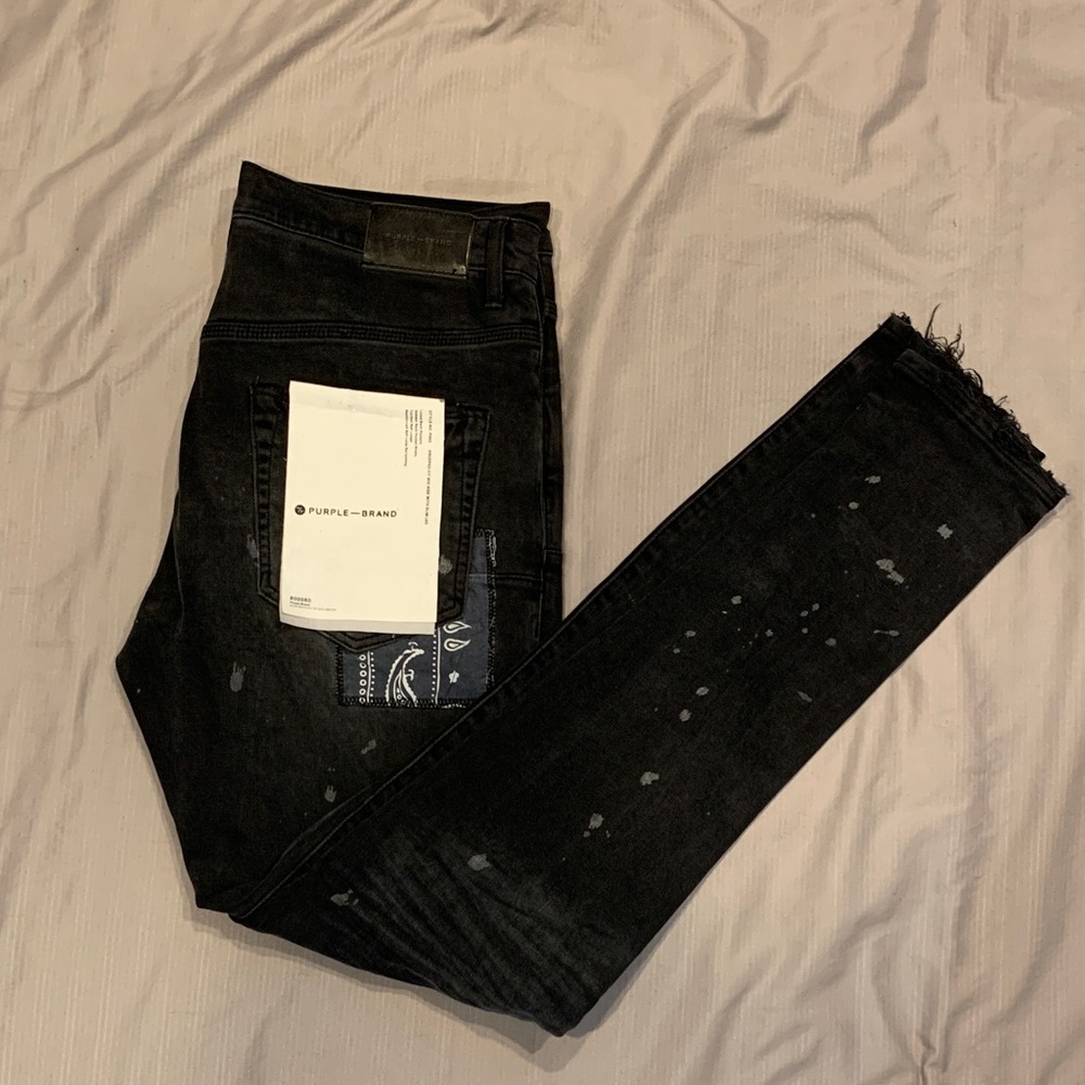 Purple Brand Bandanna Patch Pocket Slim Leg Distressed Black/Grey Jeans